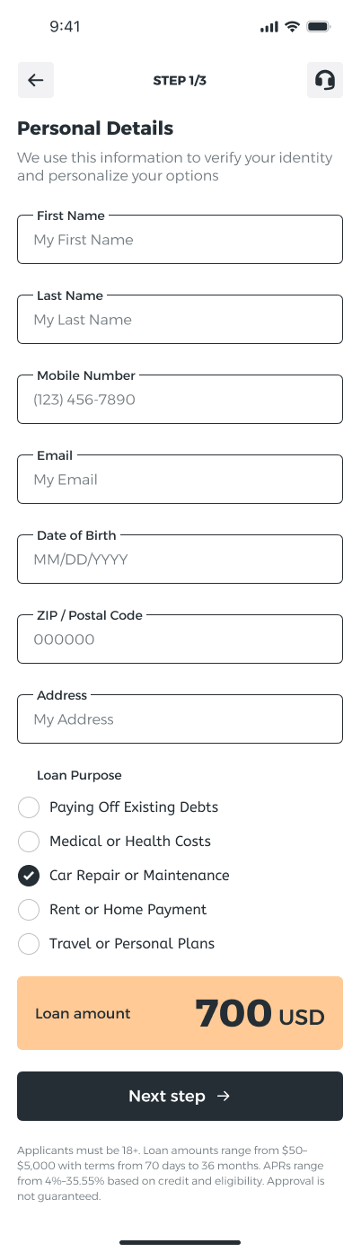 Personal details screen in the BEI app